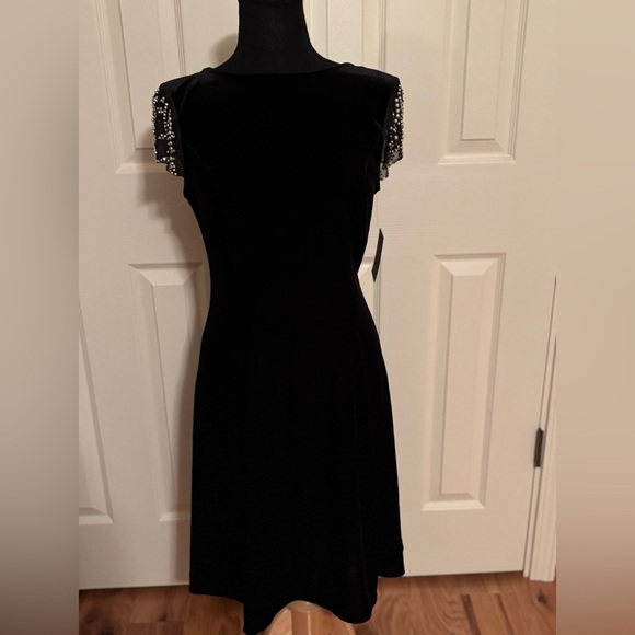MARINA Dresses & Skirts - MARINA Black Velvet Midi Dress with Beaded Cap Sleeves size S NWT
